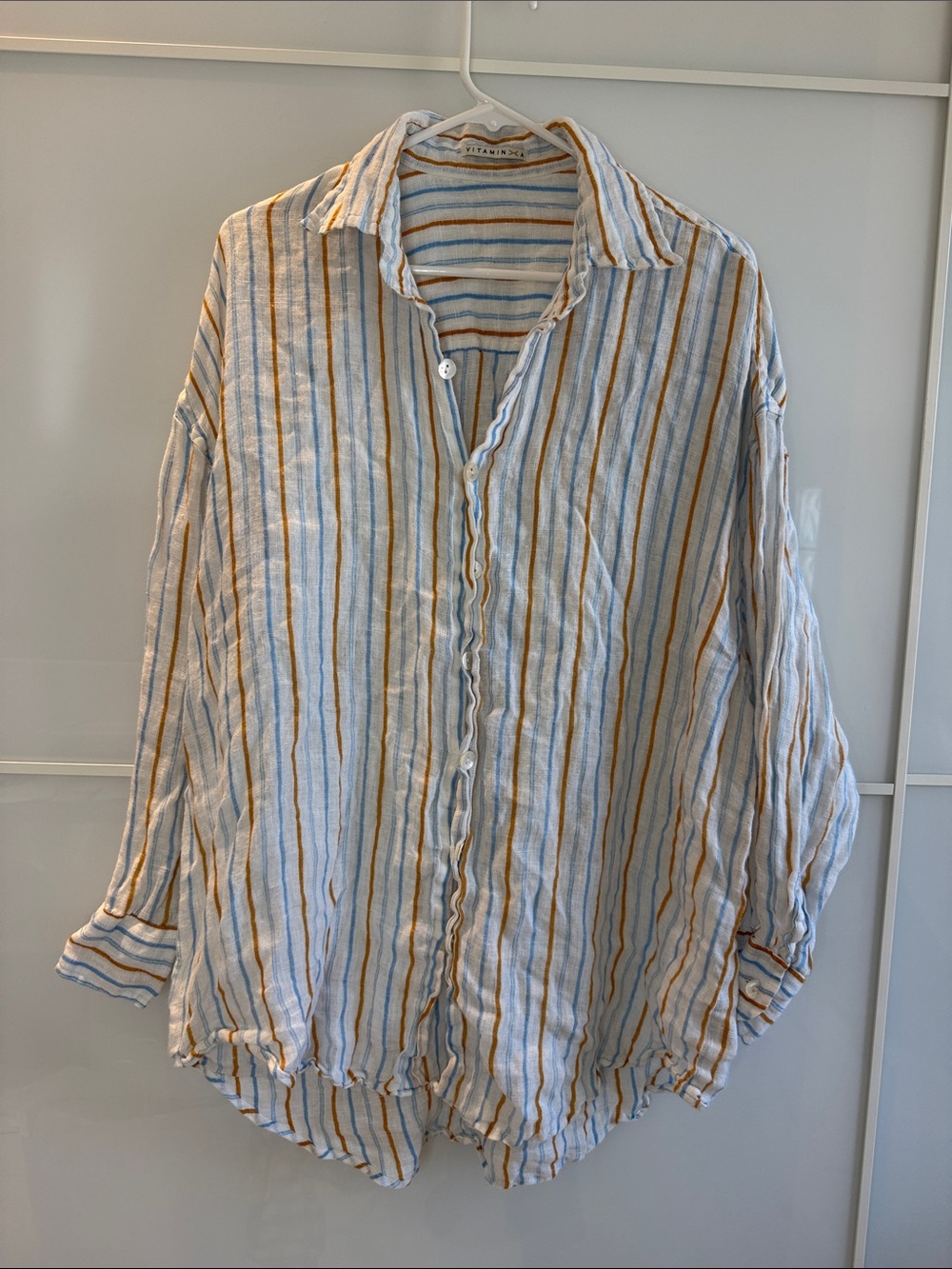 Vitamin A Striped Playa Linen Boyfriend Lightweight Top - White, Blue & Mustard